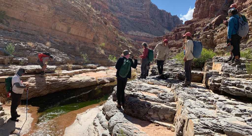 A group of students take a break from hiking near a stream in a canyon